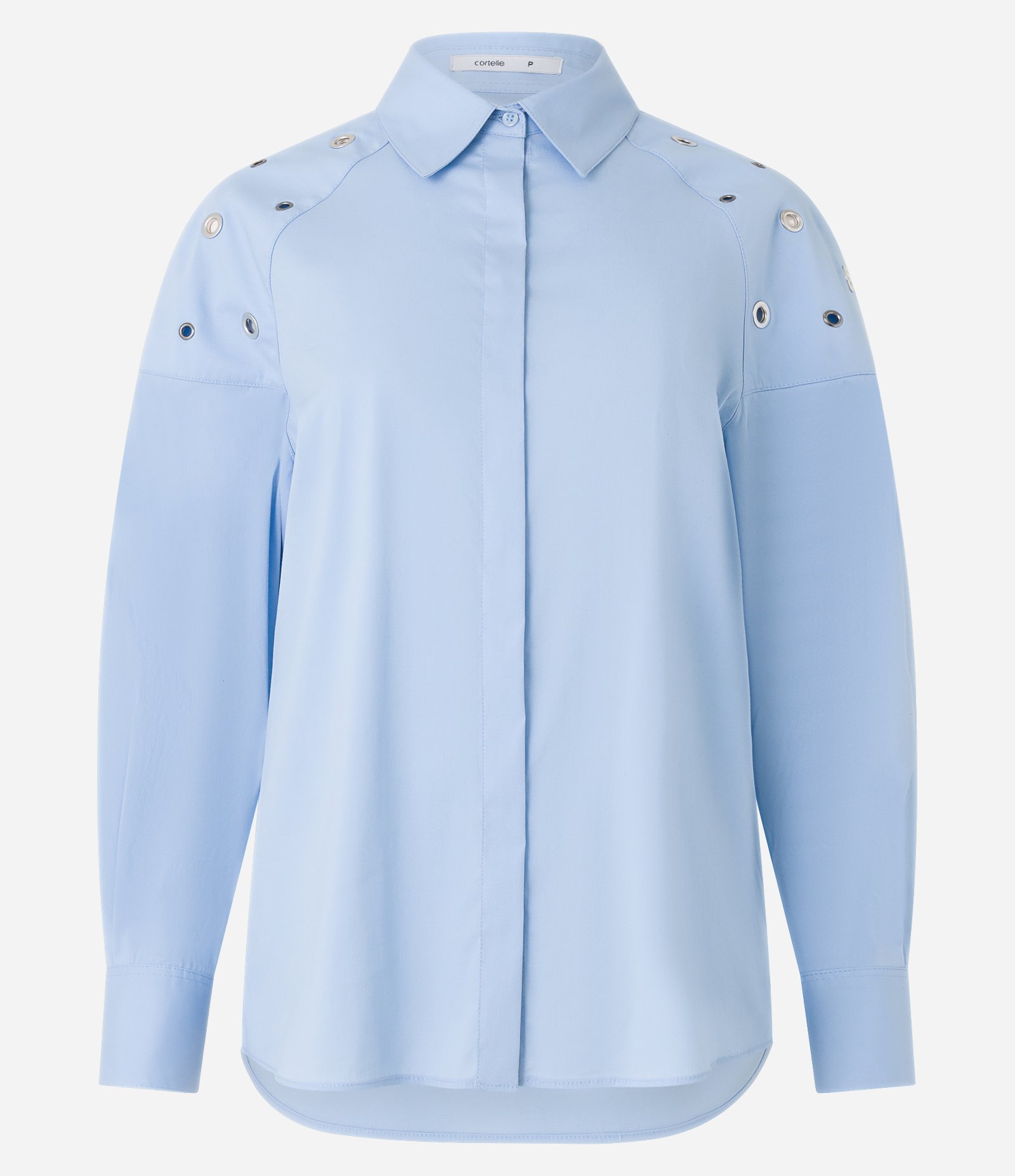Camisa em Tricoline com Ilhós nos Ombros e Fechamento Frontal com Vista Azul 5