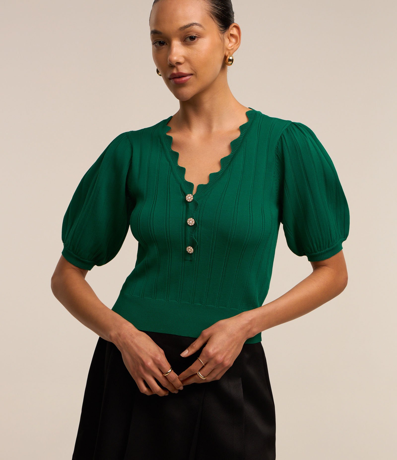 Blusa Manga Bufante em Viscose com Babados no Decote Verde 1