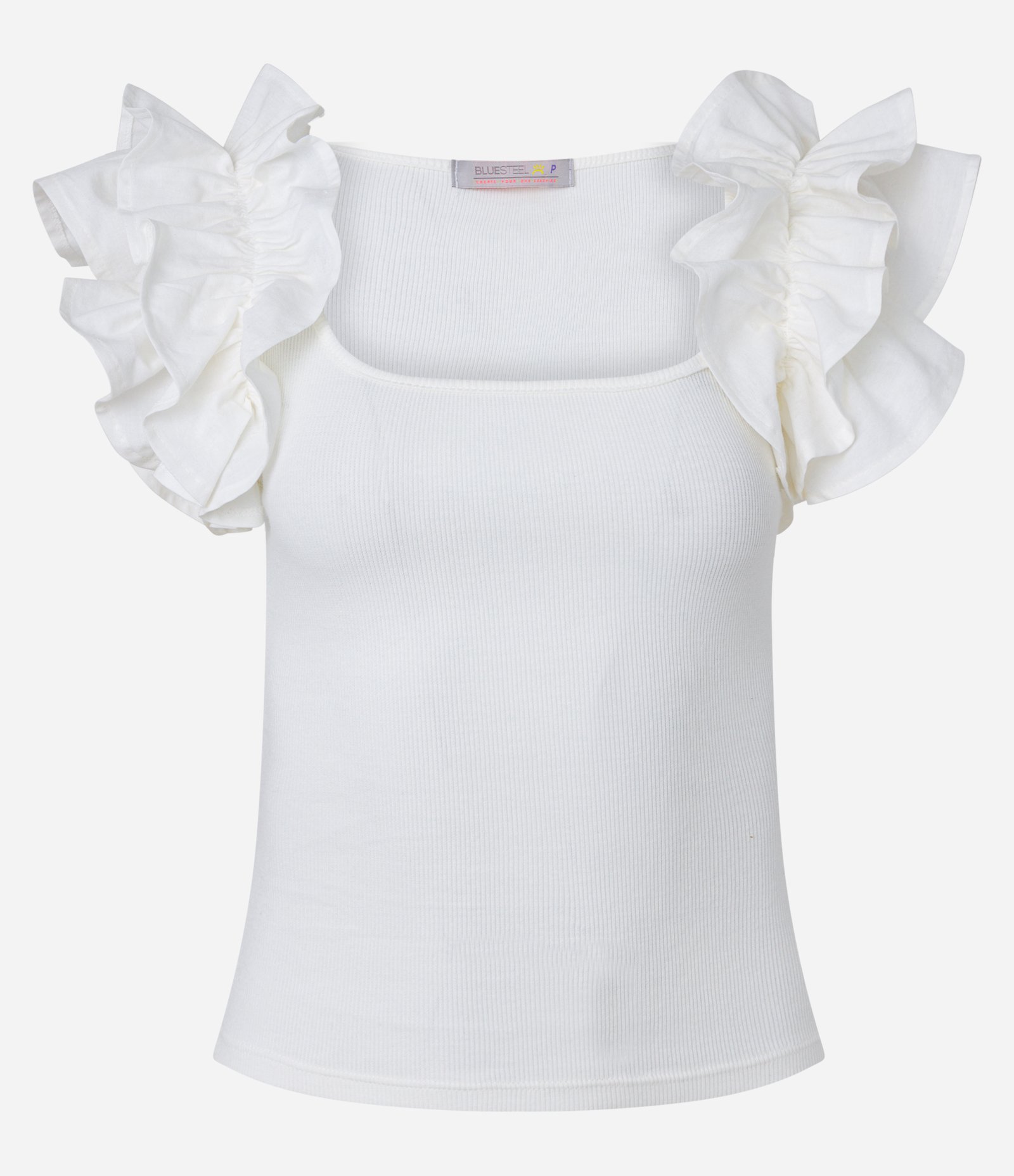 Blusa Curta em Ribana com Babados na Cava Branco 5