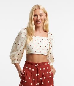 Blusa em Viscose e Linho com Amarração e Estampa Quadradinhos