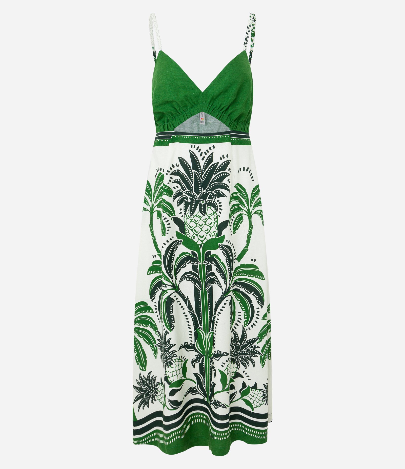 Vestido New Midi em Viscose com Linho Alcinha Trançada e Estampa Tropical Verde 5