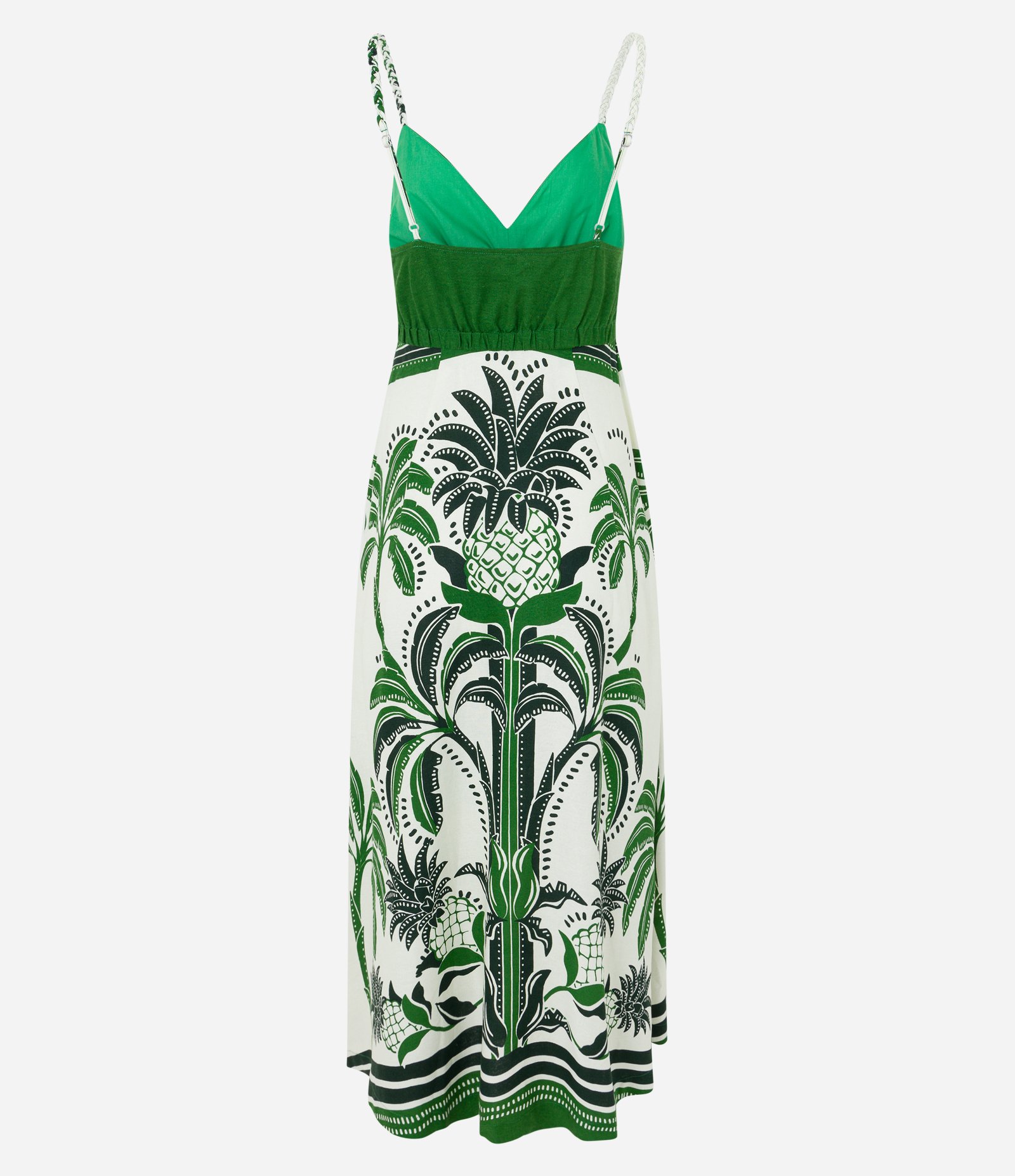 Vestido New Midi em Viscose com Linho Alcinha Trançada e Estampa Tropical Verde 6