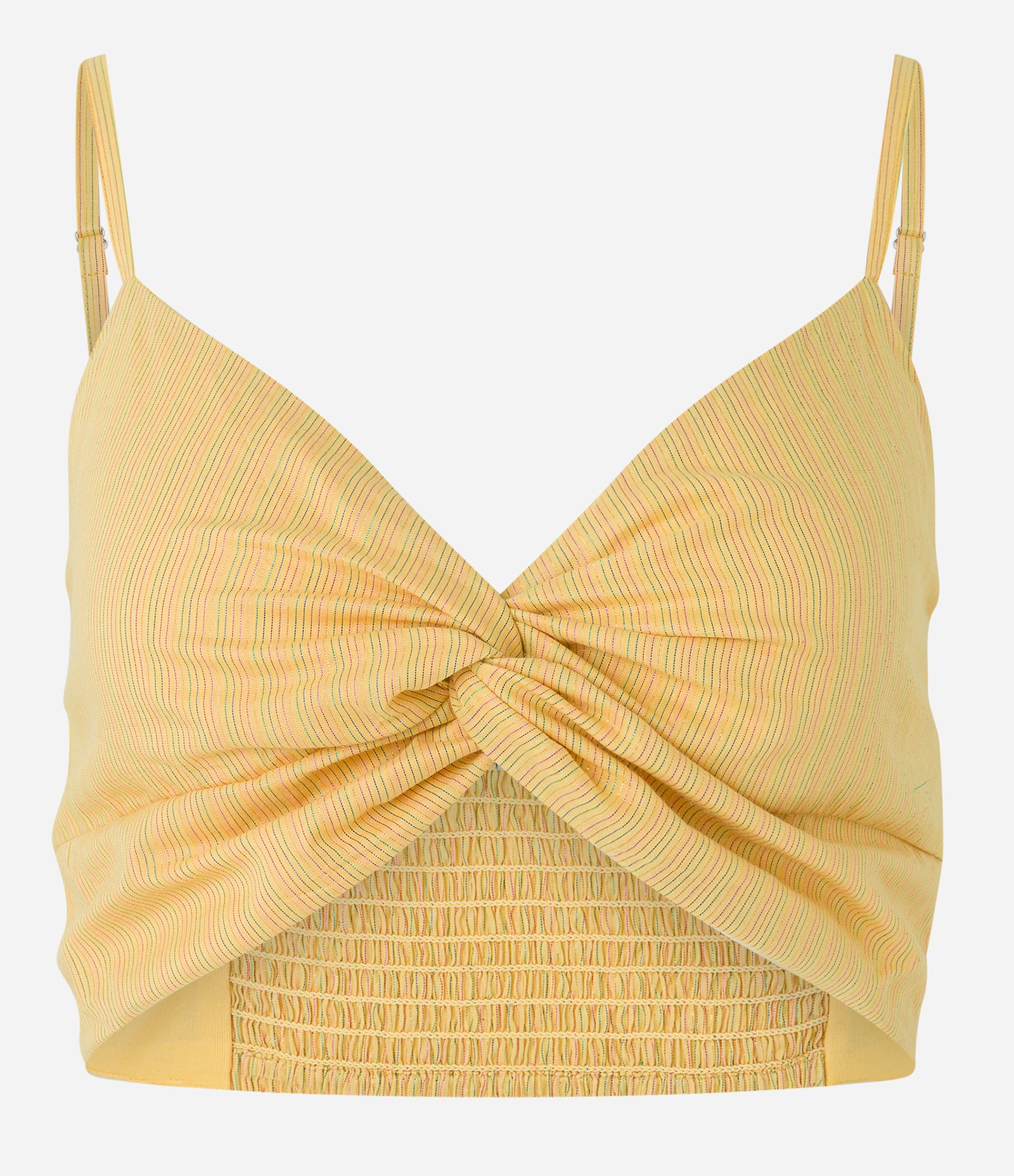 Blusa Cropped de Alça em Tricoline com Fios Metalizados Coloridos Amarelo 5