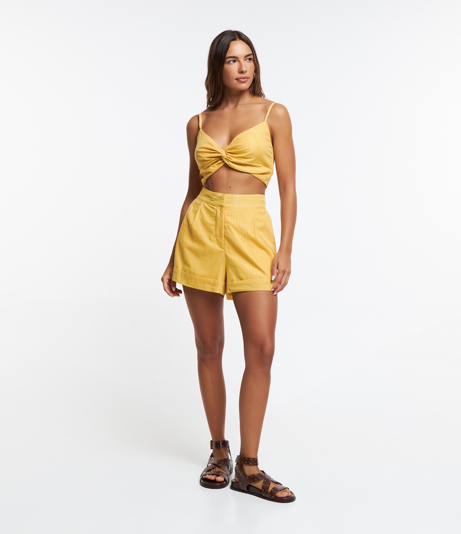 Blusa Cropped de Alça em Tricoline com Fios Metalizados Coloridos Amarelo 2