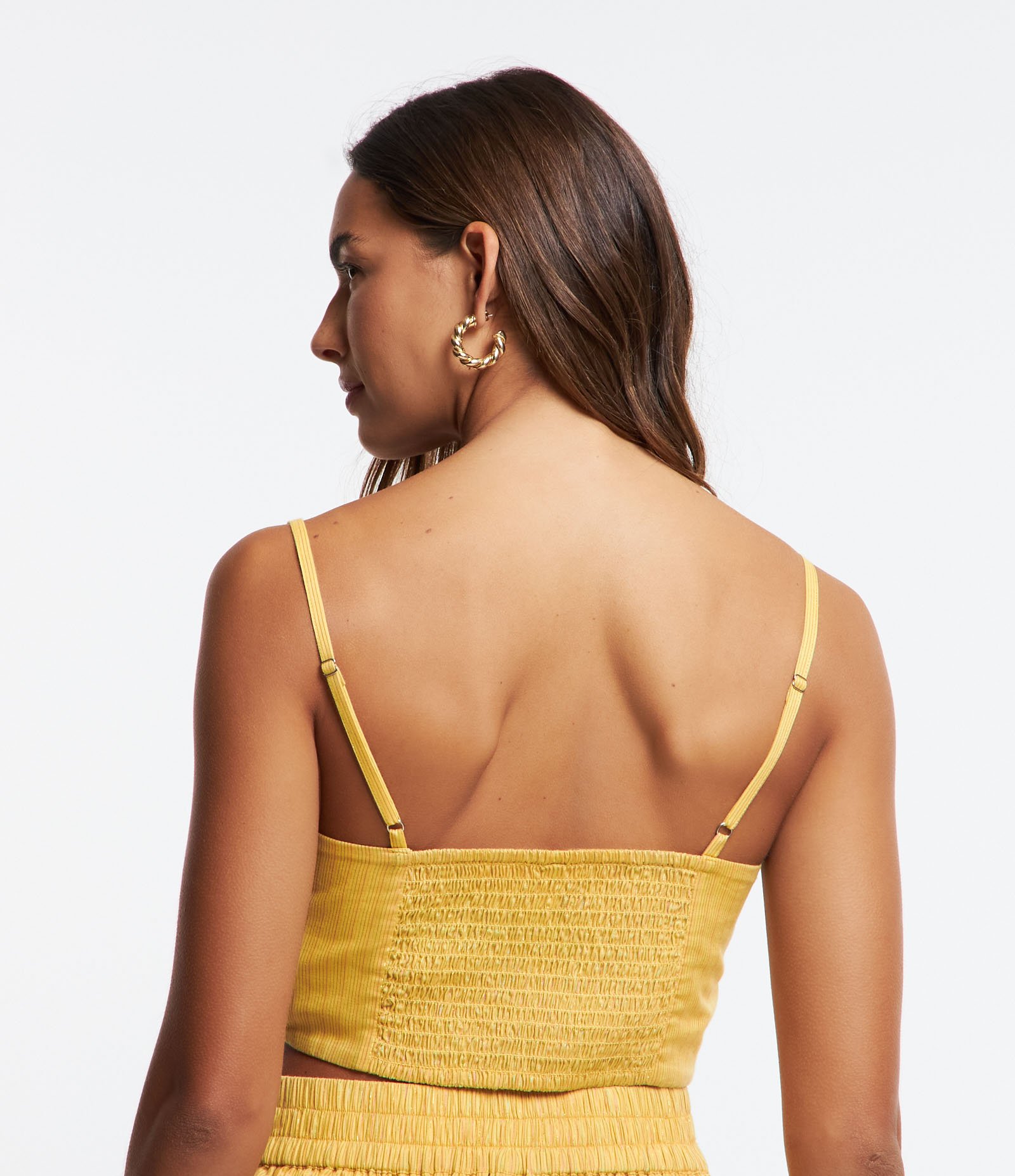 Blusa Cropped de Alça em Tricoline com Fios Metalizados Coloridos Amarelo 3
