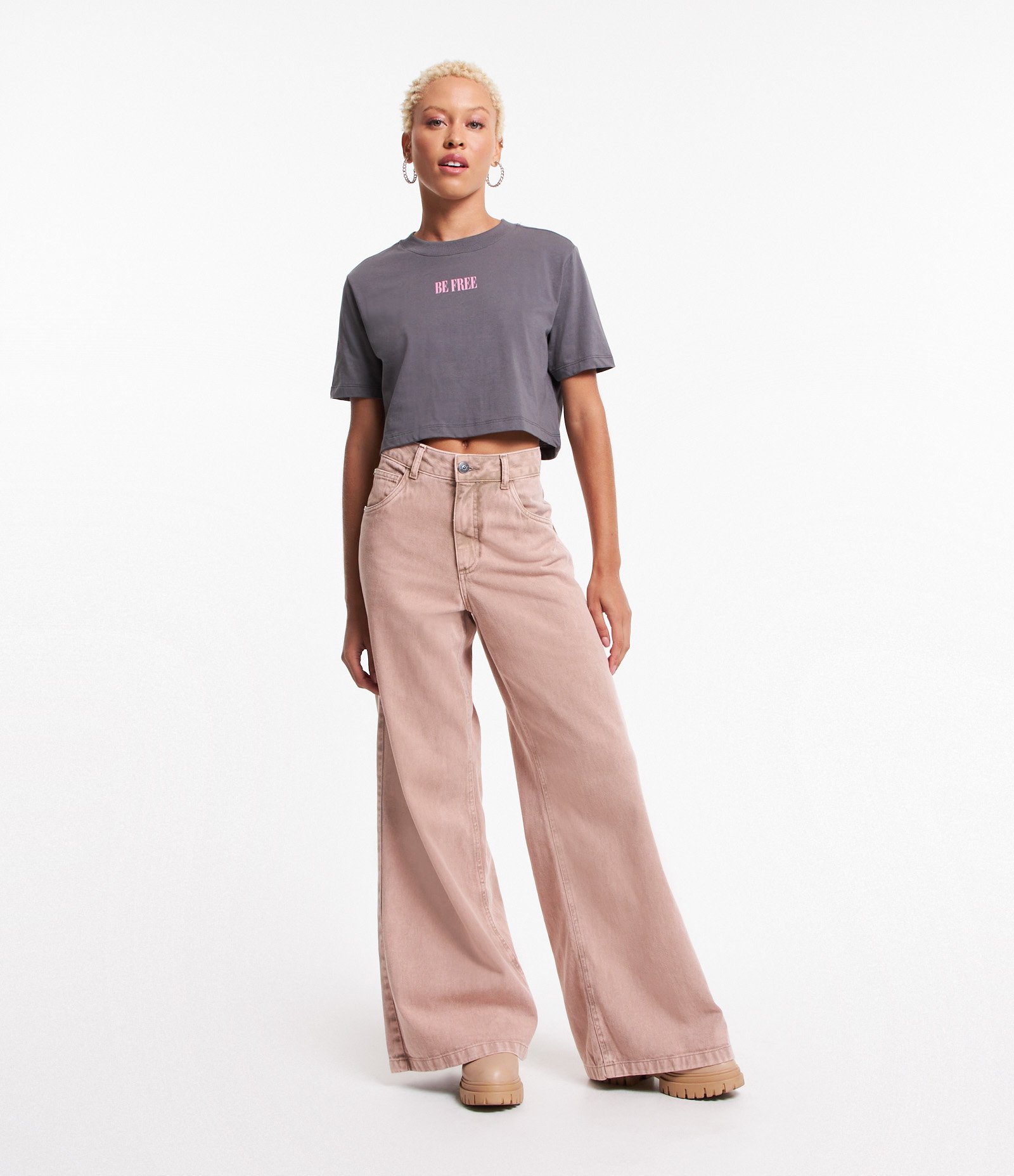 Blusa Cropped em Algodão com Estampa Frente e Costas Be Free Cinza 2