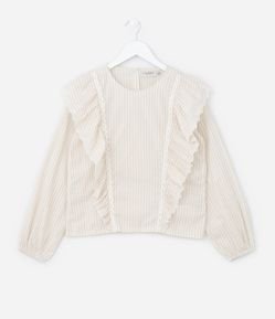 Blusa Infantil em Viscose com Listras e Detalhe de Babado e Broderie - Tam 5 a 14 anos