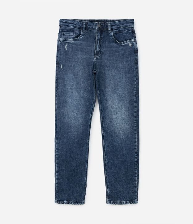 Calça Reta em Jeans com Puídos Azul 1
