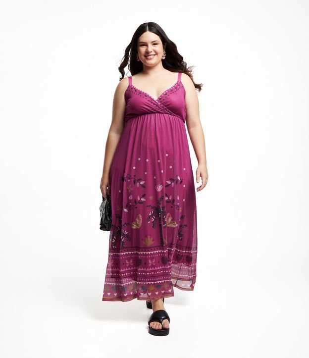 Vestido em Tule com Estampa Étnica Curve & Plus Size Rosa Escuro 1