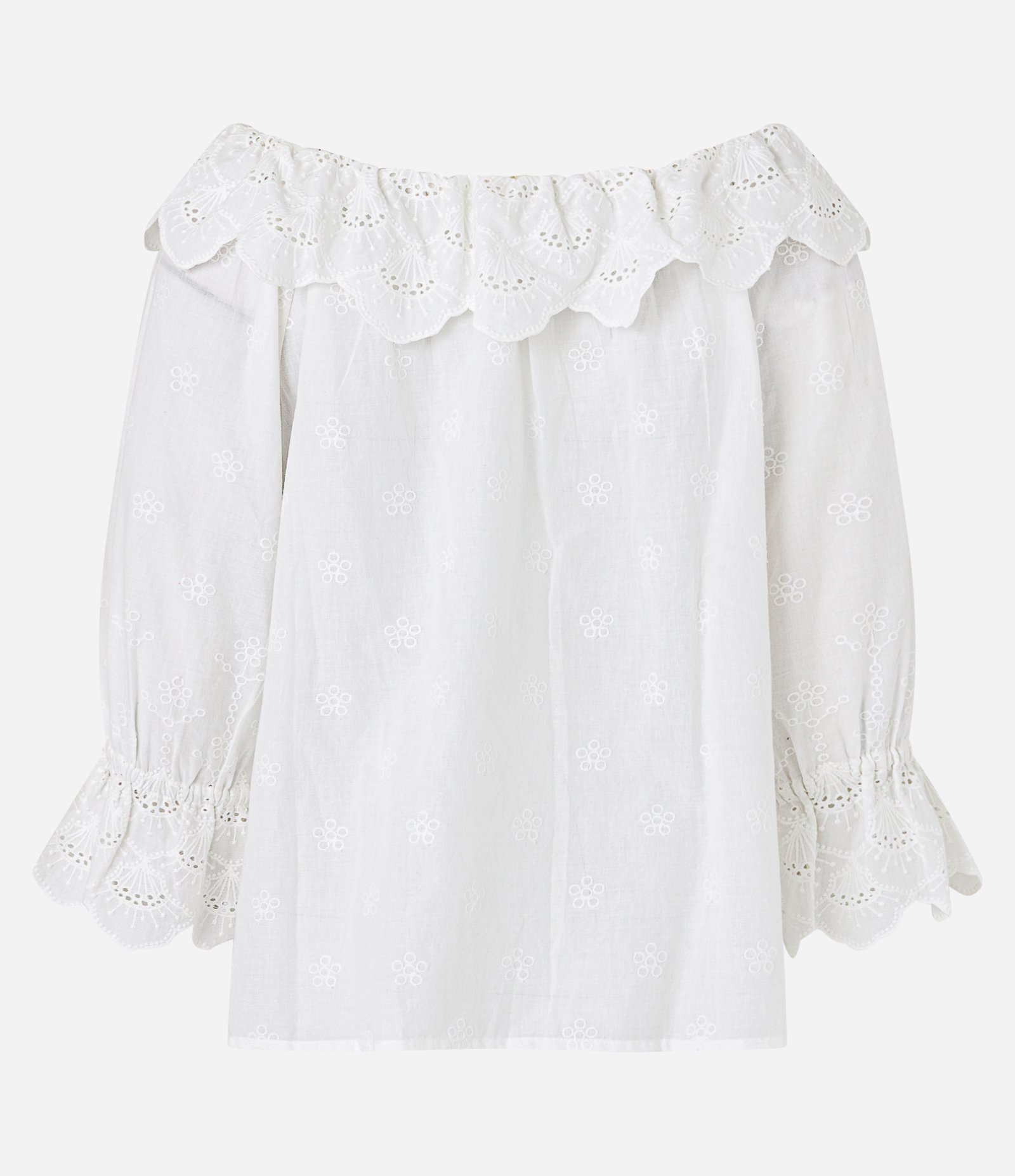 Blusa Ombro a Ombro em Laise com Babados Branco 7