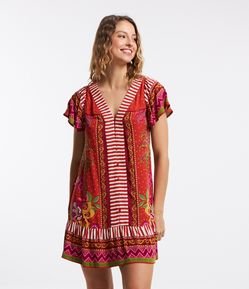 Vestido Curto em Viscose Floral com Botões