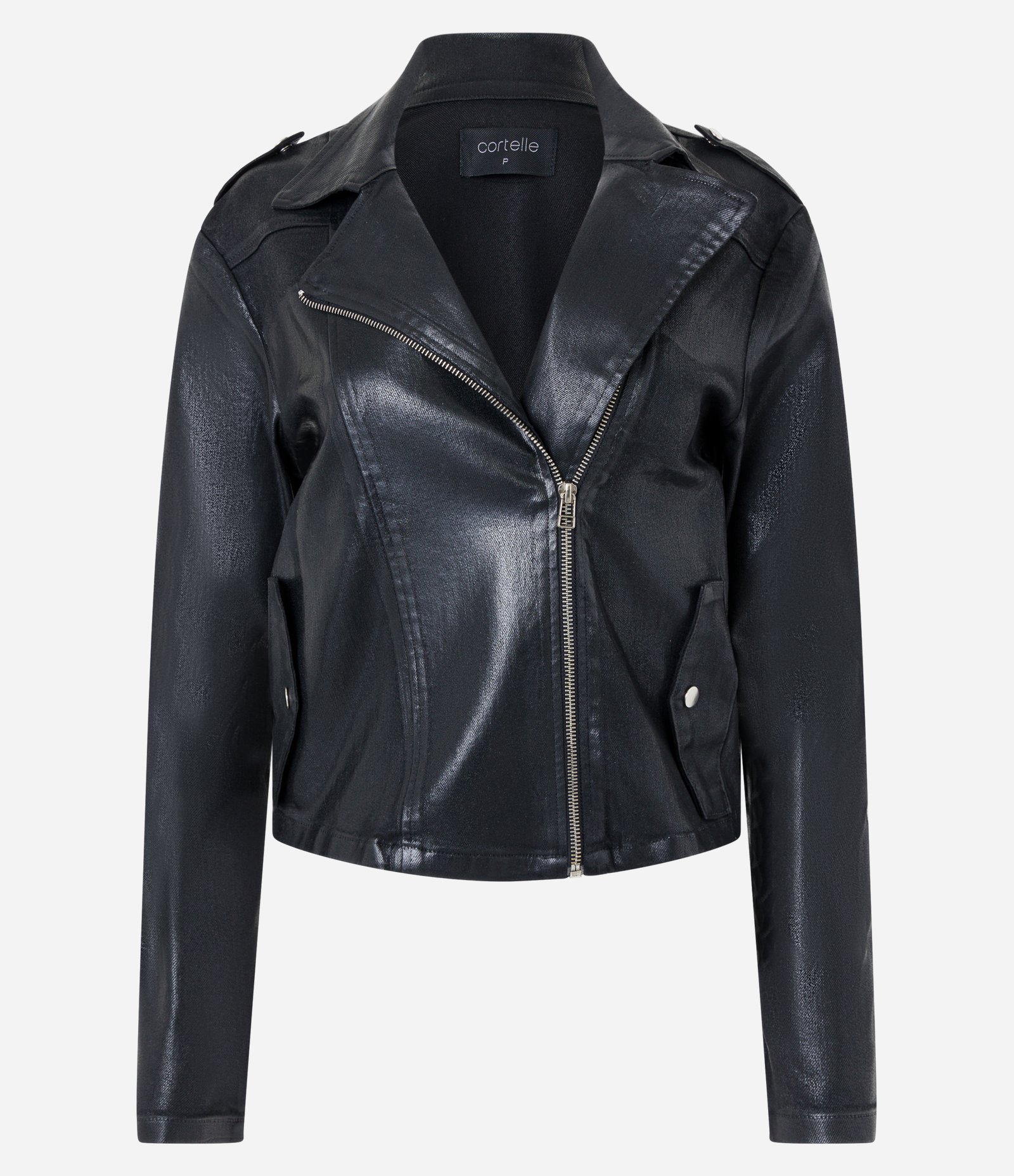 Jaqueta Biker em Jeans Resinado com Lapelas Preto 6