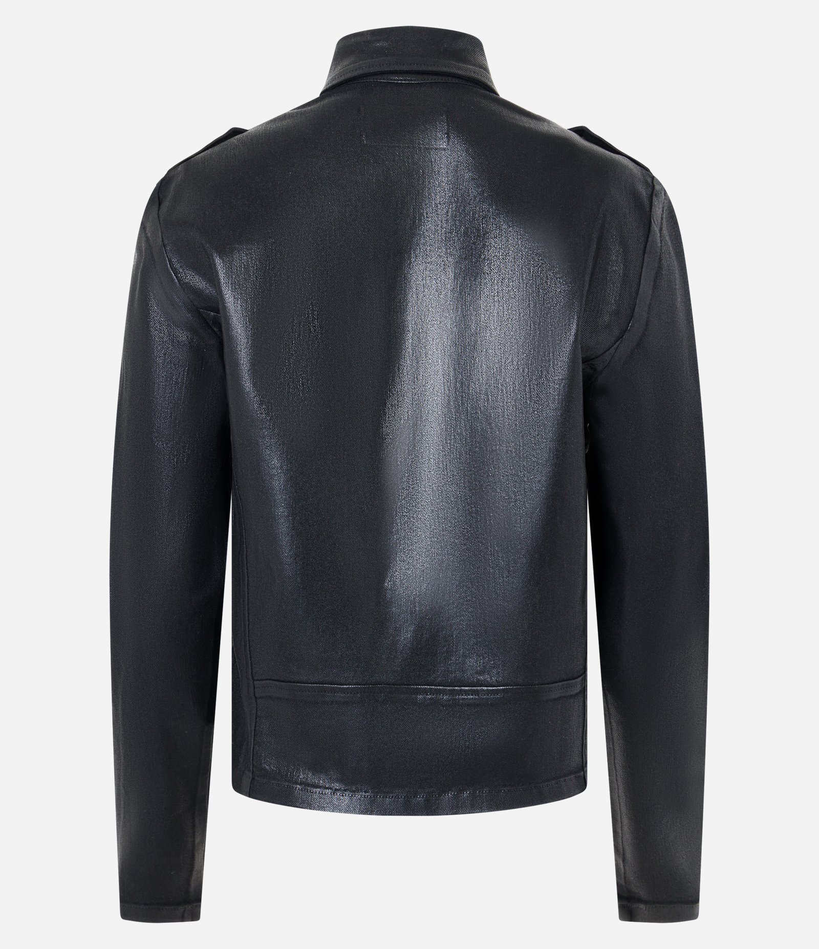 Jaqueta Biker em Jeans Resinado com Lapelas Preto 7