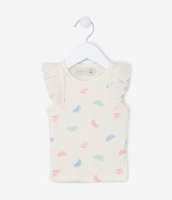 Blusa Regata Infantil Canelada com Estampa Borboleta e Babado - Tam 1 a 5 anos