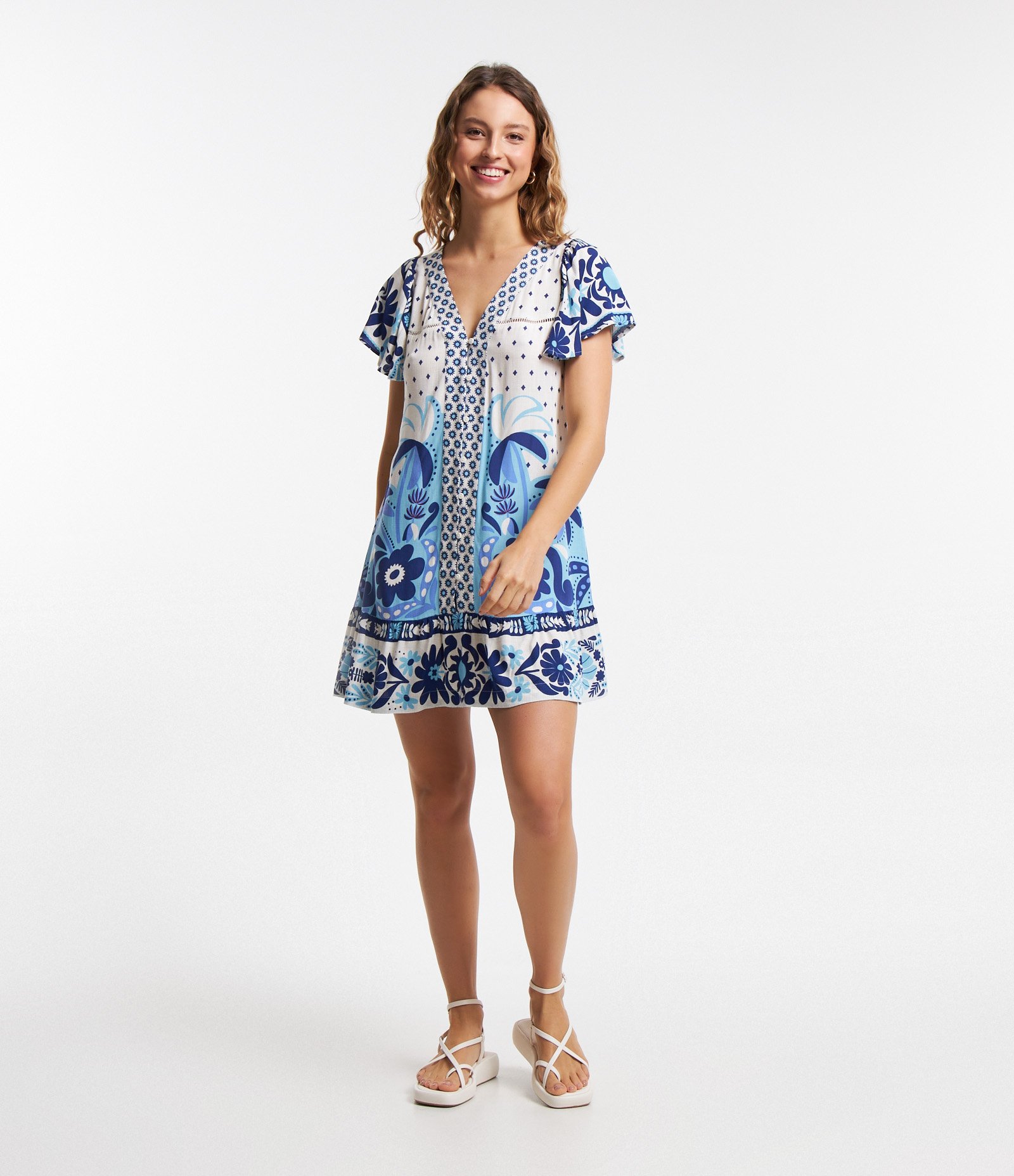 Vestido Curto em Viscose Floral com Botões Bege Claro/Azul 2