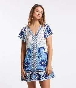 Vestido Curto em Viscose Floral com Botões