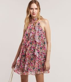 Vestido em Chiffon com Gola Alta e Babados Frontais