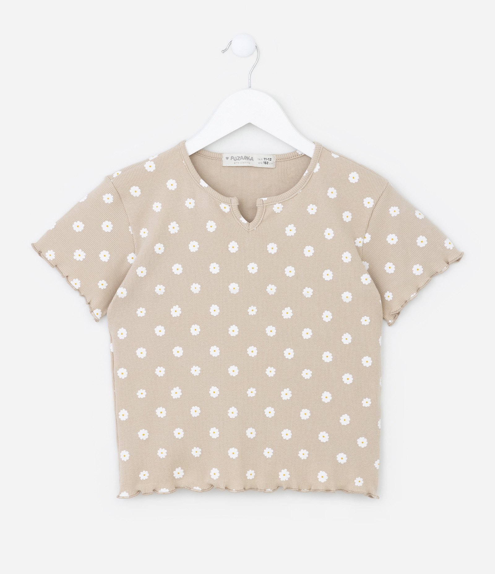 Blusa Infantil Canelada com Flores Estampadas - Tam 05 A 14 Anos Bege 1