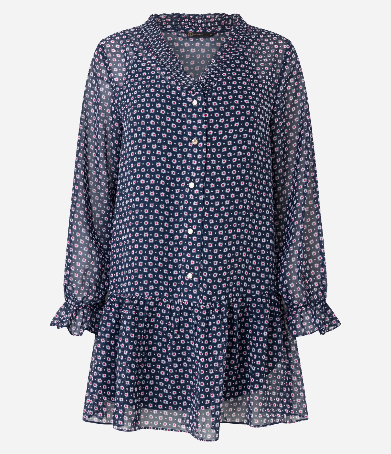 Vestido Curto em Chiffon com Manga Evasê e Estampa Abstrata Azul 6