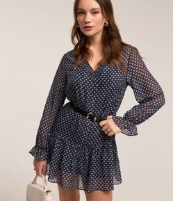 Vestido Curto em Chiffon com Manga Evasê e Estampa Abstrata