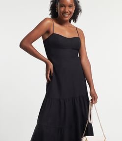 Vestido Evasê em Tricoline com Decote Coração e Bolinhas na Alça