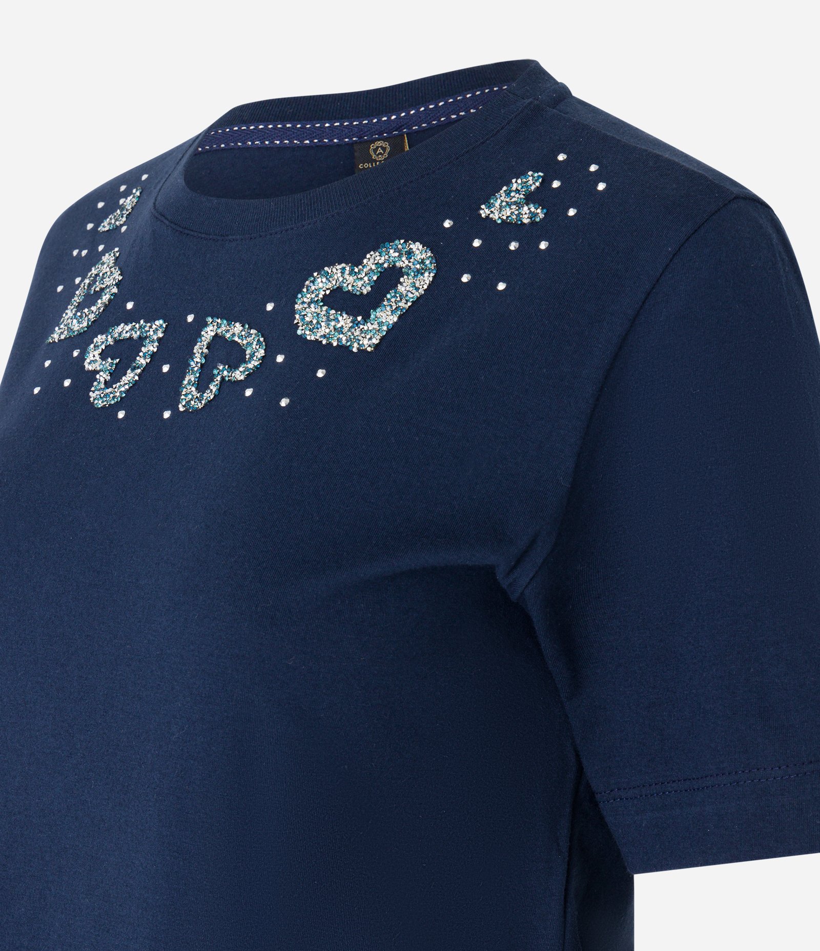 Camiseta em Algodão com Corações em Strass na Gola Azul 5