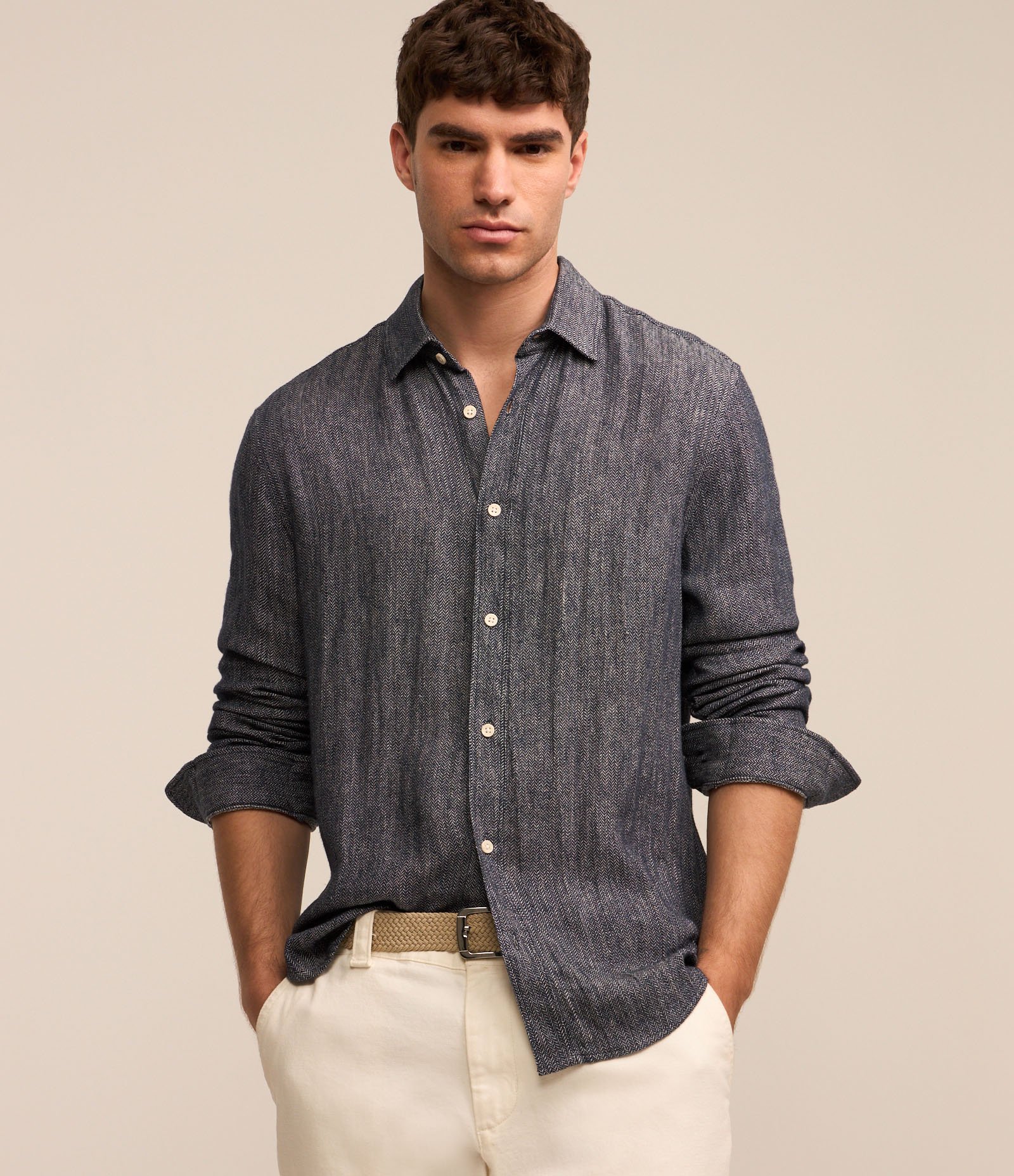 Camisa em Linho com Gola Colarinho Cinza 1