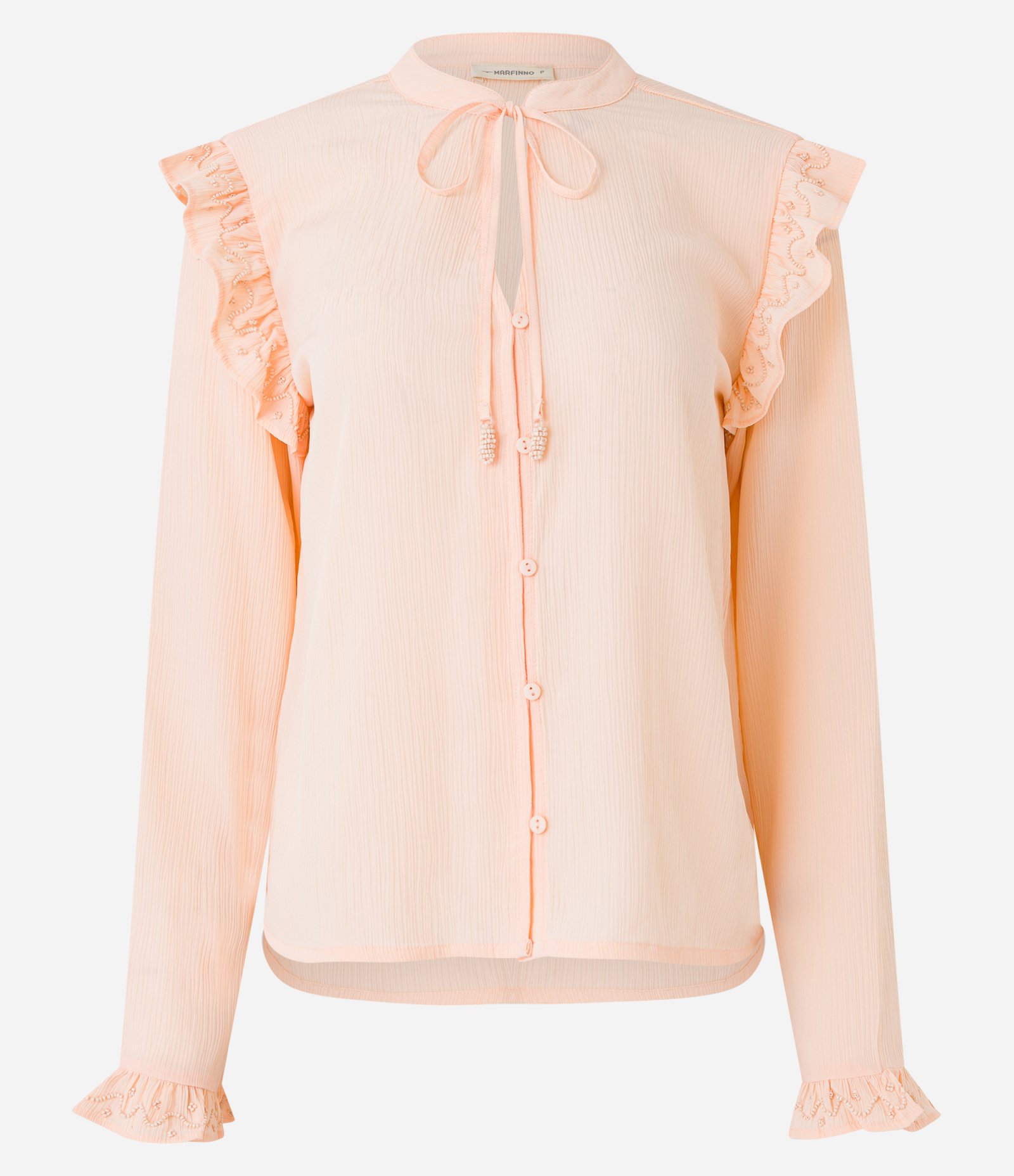 Camisa em Chiffon com Amarração na Gola e Babados no Punho e Ombro Laranja Pessêgo 6