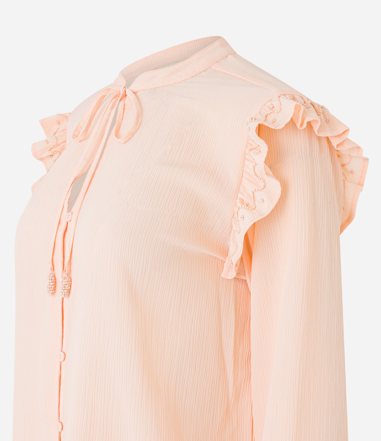 Camisa em Chiffon com Amarração na Gola e Babados no Punho e Ombro Laranja Pessêgo 7