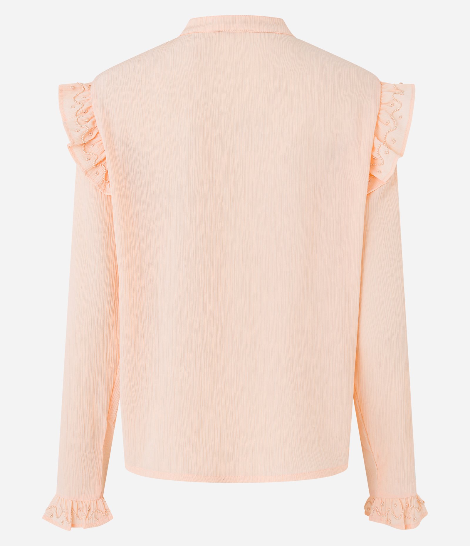 Camisa em Chiffon com Amarração na Gola e Babados no Punho e Ombro Laranja Pessêgo 8