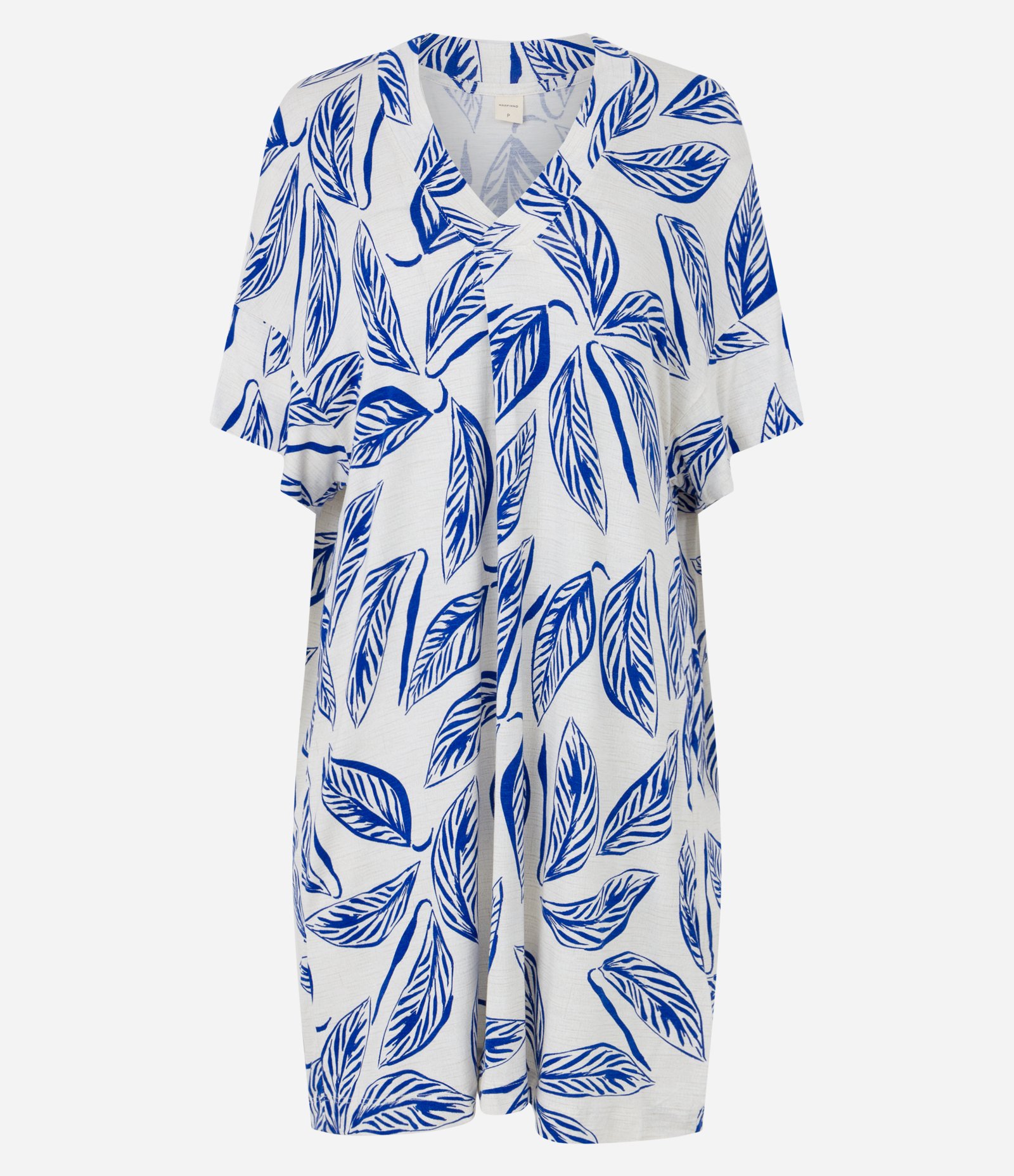 Vestido em Viscose com Estampa Folhagem Off White/ Azul 6