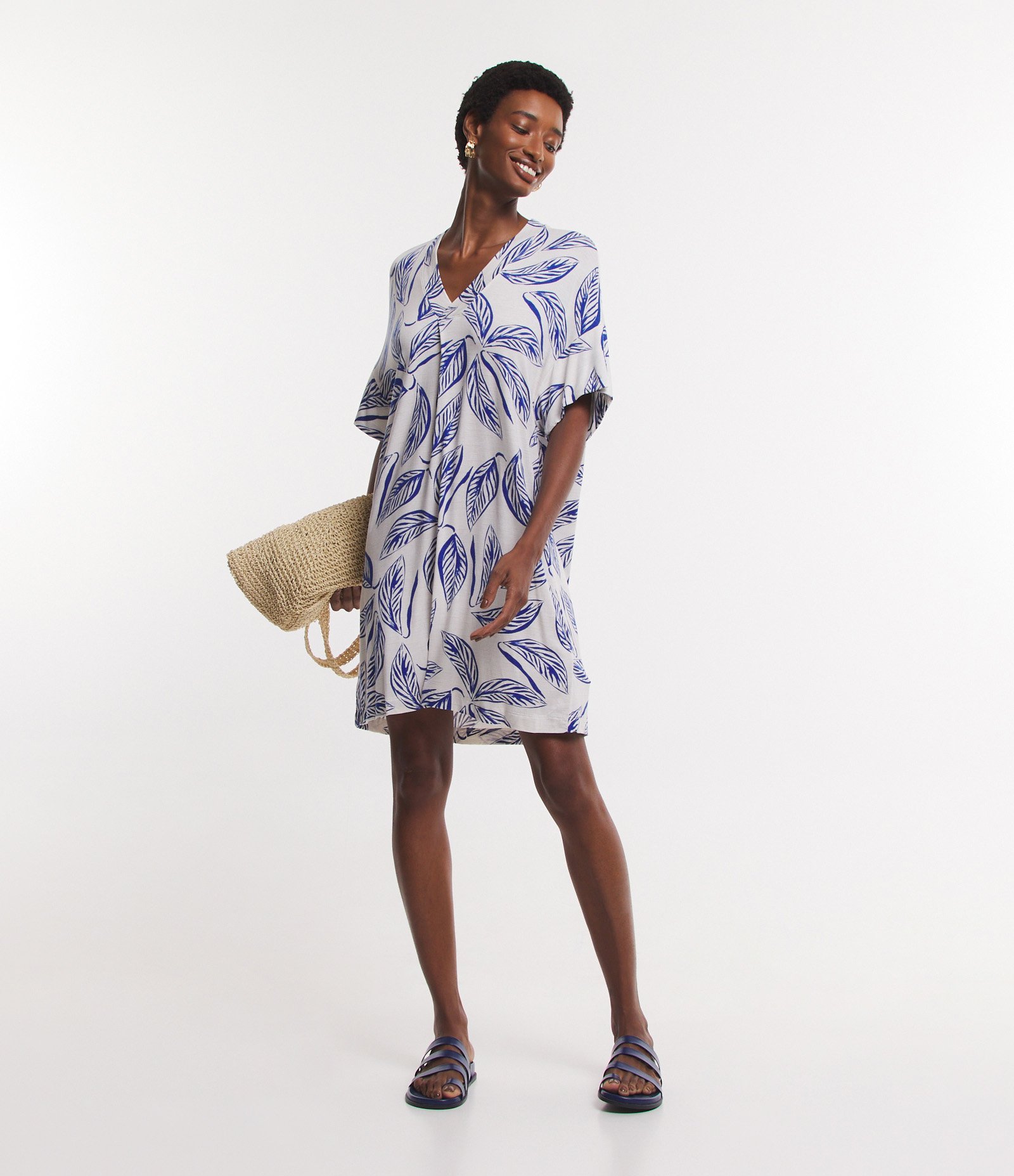 Vestido em Viscose com Estampa Folhagem Off White/ Azul 2