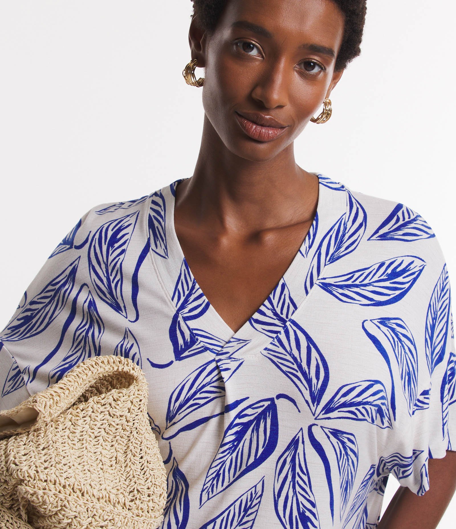 Vestido em Viscose com Estampa Folhagem Off White/ Azul 3