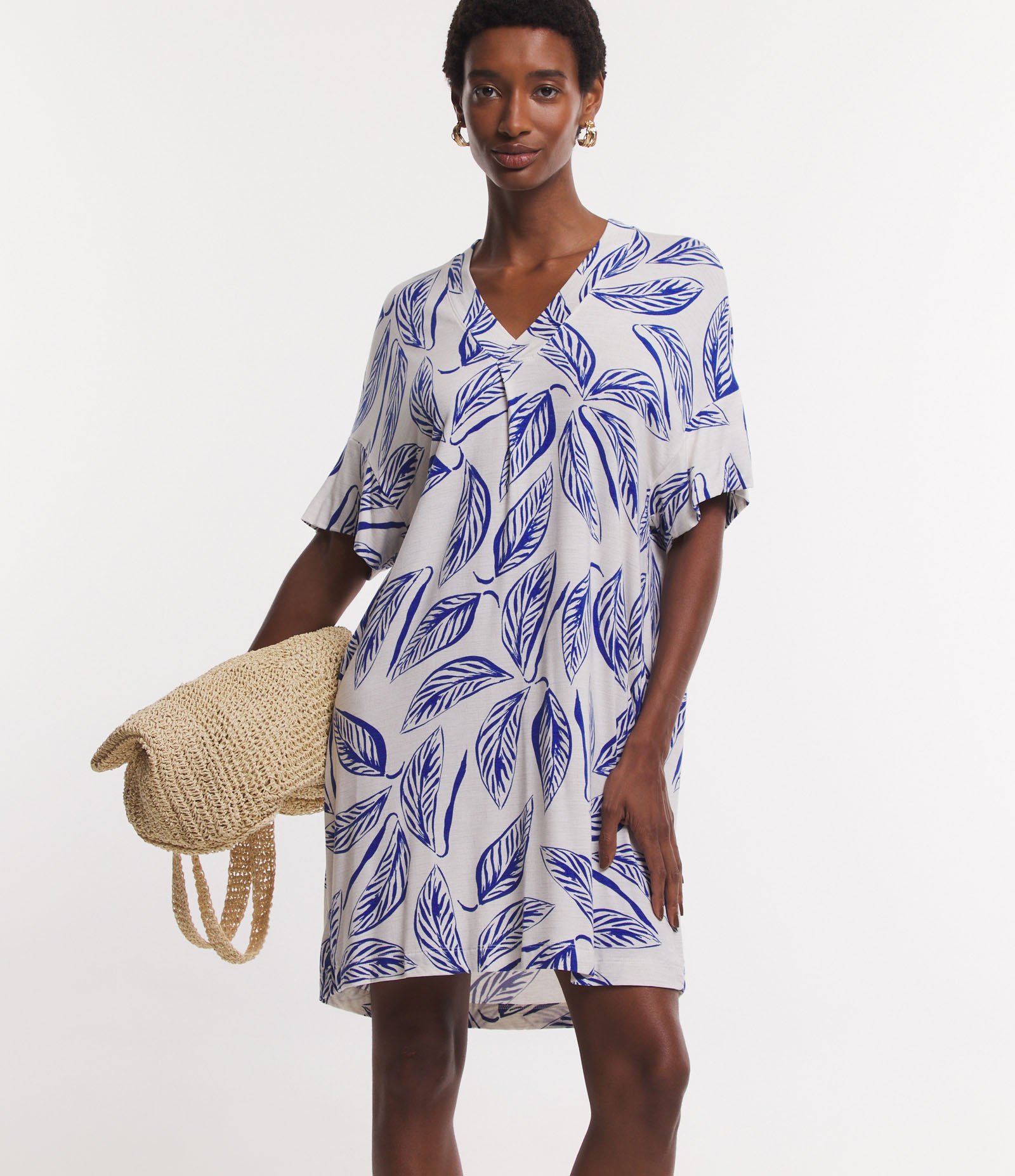 Vestido em Viscose com Estampa Folhagem Off White/ Azul 4