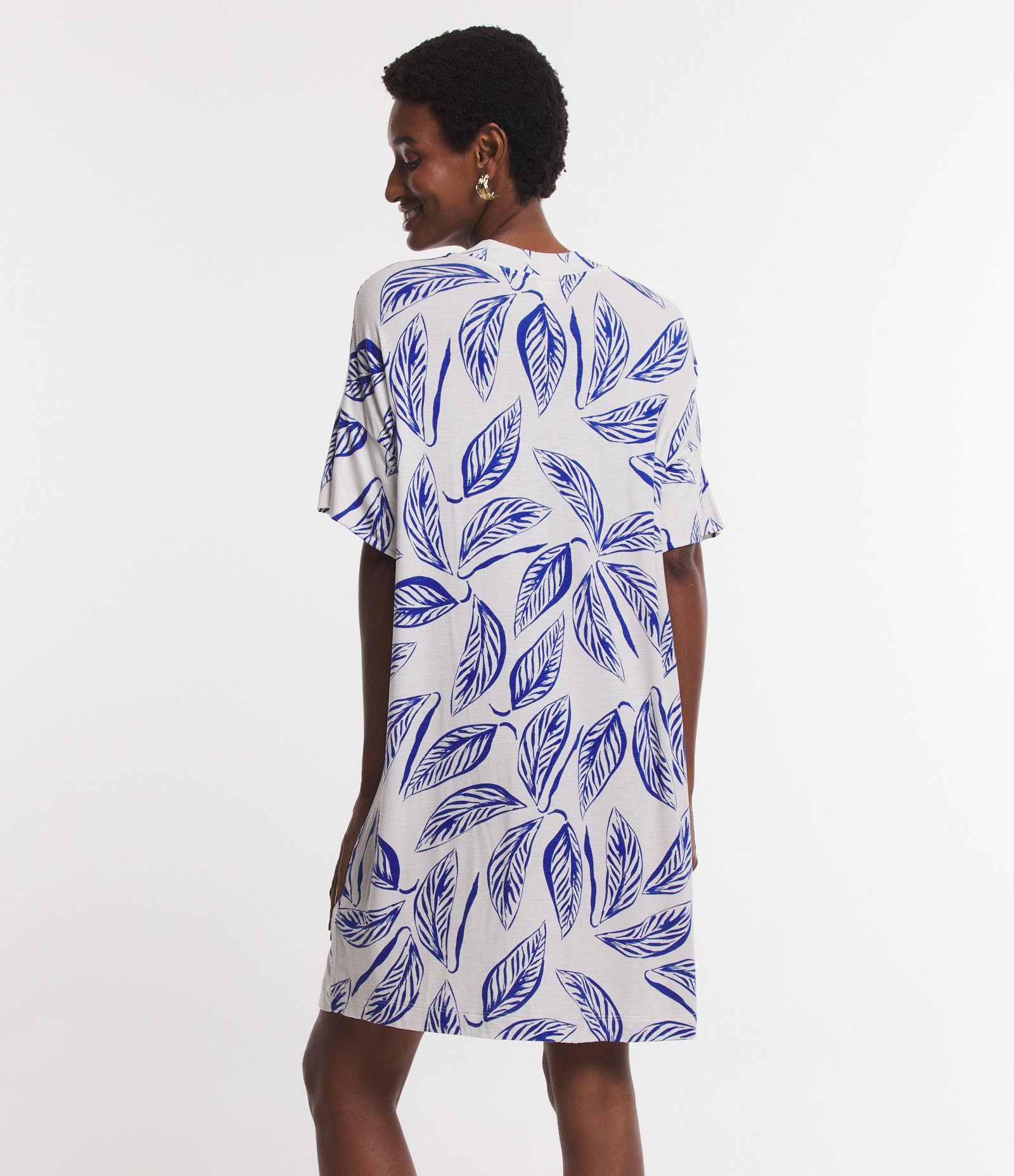 Vestido em Viscose com Estampa Folhagem Off White/ Azul 5
