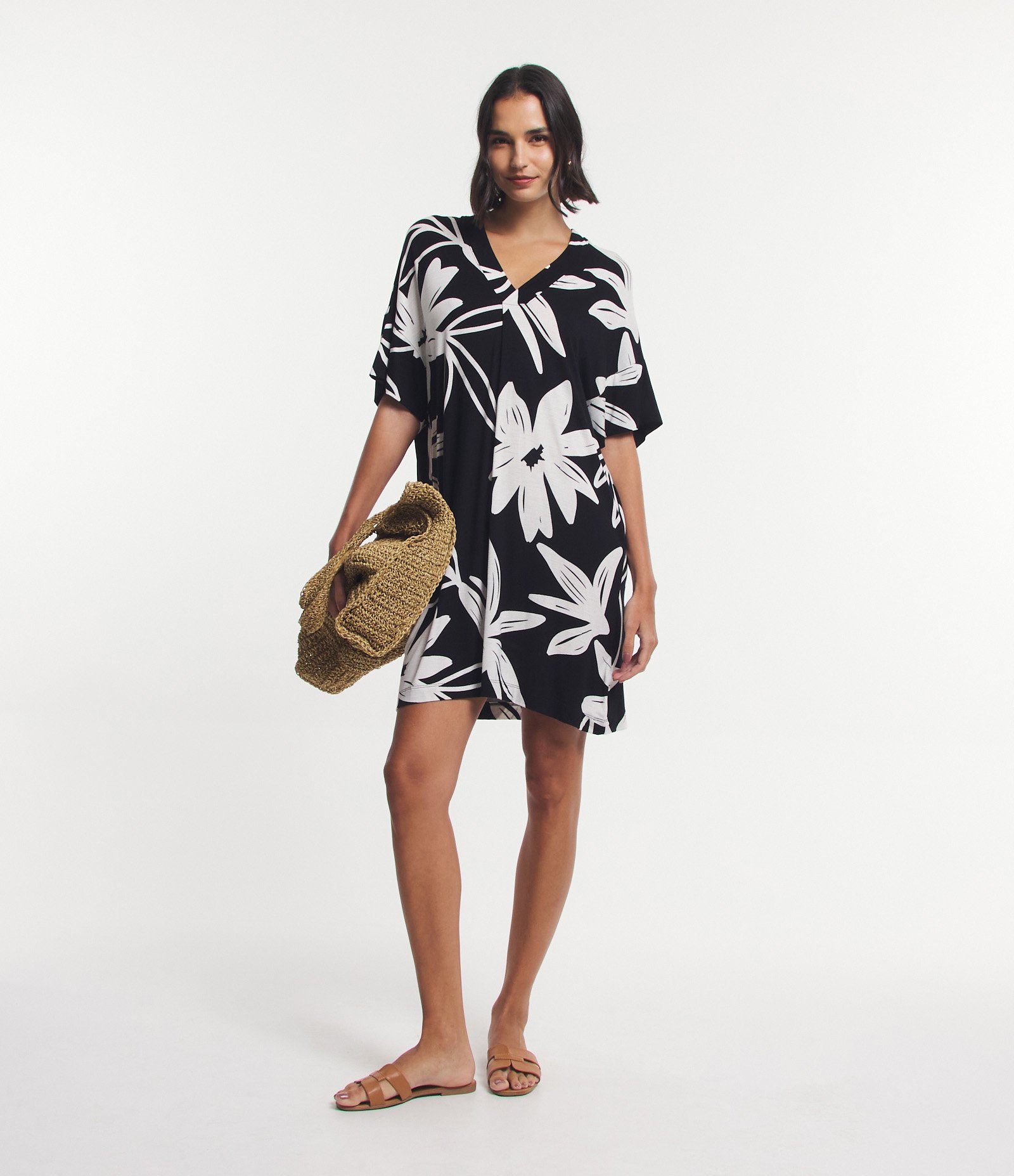 Vestido Curto em Malha de Viscose com Estampa Foral Contrastante Preto/ Branco 2