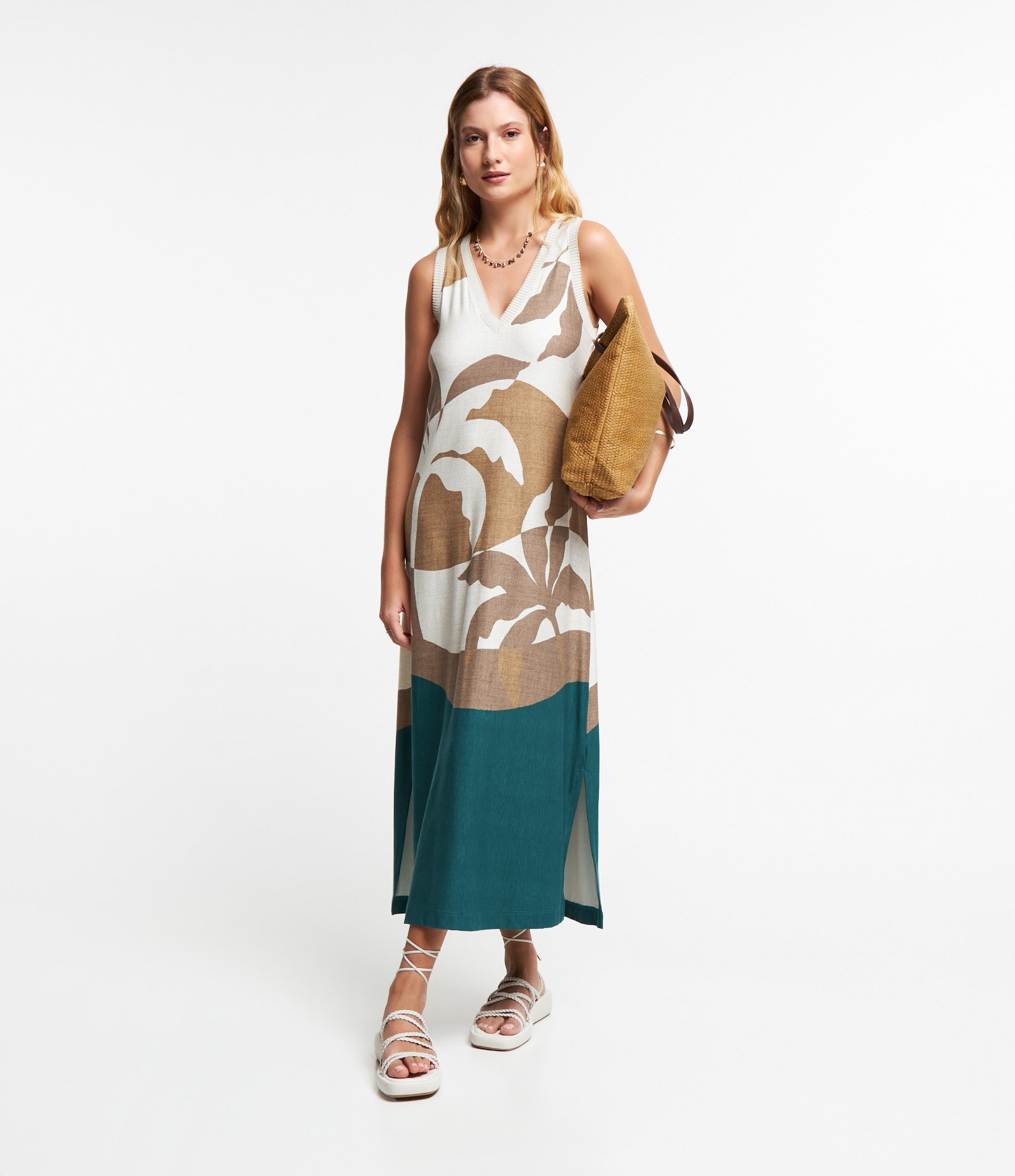 Vestido Midi em Malha Viscose com Estampa Tropical Bege/ Branco/ Verde 2