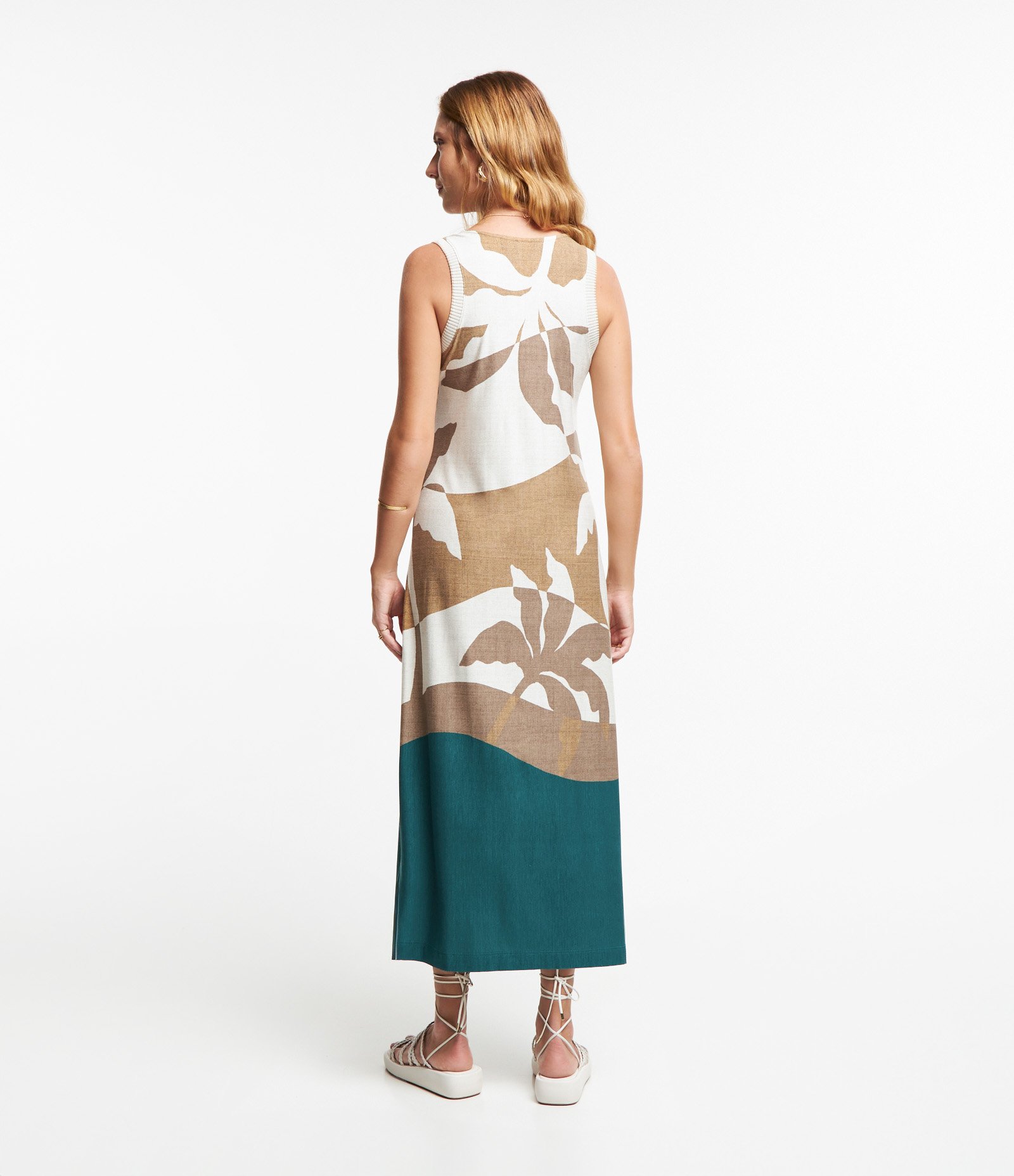 Vestido Midi em Malha Viscose com Estampa Tropical Bege/ Branco/ Verde 6
