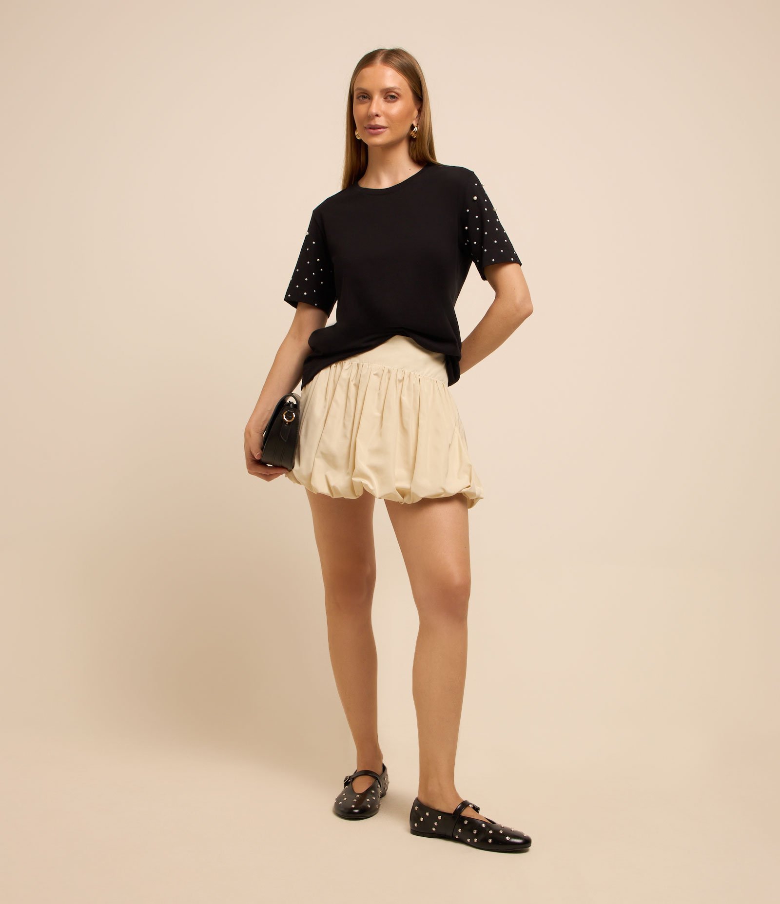 Blusa em Algodão com Pérolas na Manga Preto 2