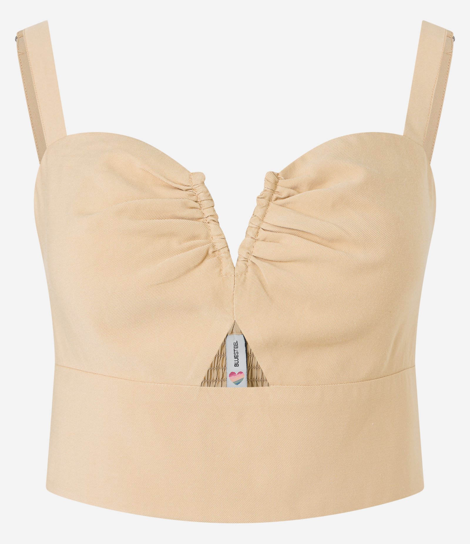Blusa de Alça Cropped em Crepe Recorte Vazado e Lastex Bege 5