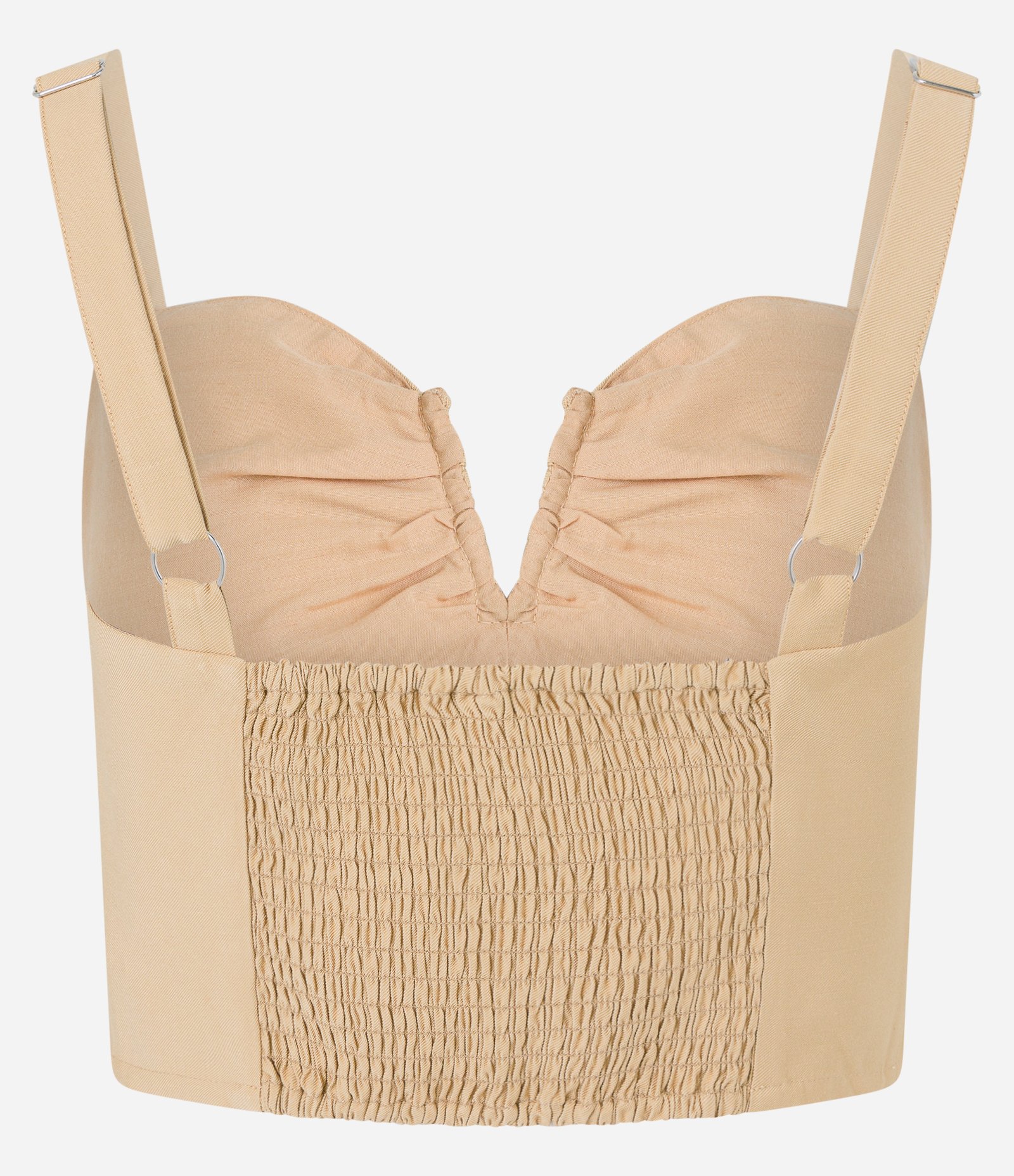 Blusa de Alça Cropped em Crepe Recorte Vazado e Lastex Bege 6