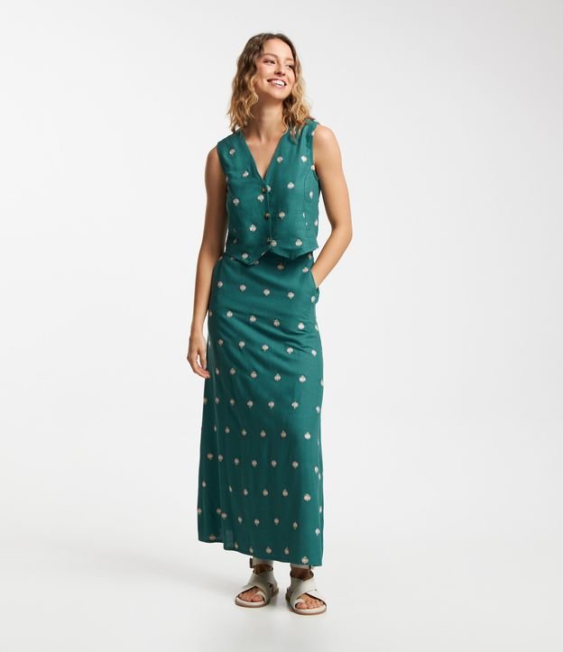 Saia New Midi em Viscose com Linho e Bordadinho Floral
