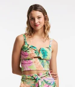 Blusa Cropped de Alça em Viscose com Linho e Estampa de Folhagem