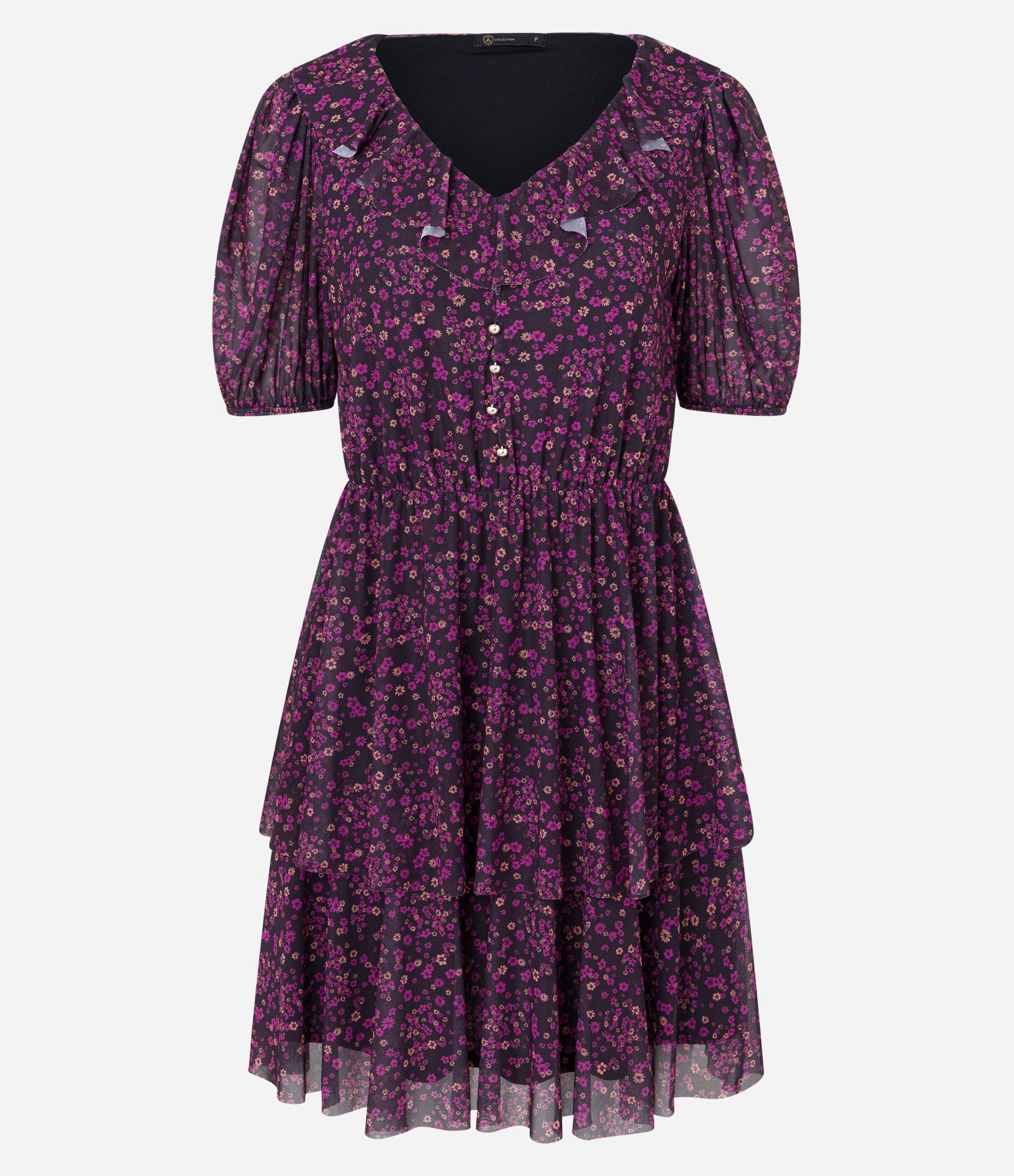 Vestido em Tule com Babado na Saia e Estampa Floral Roxo 6