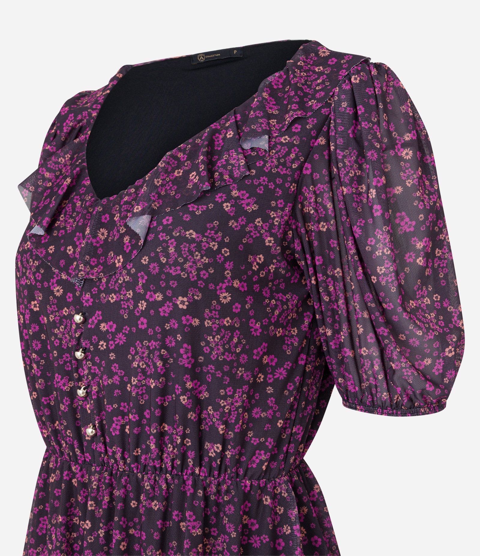 Vestido em Tule com Babado na Saia e Estampa Floral Roxo 7