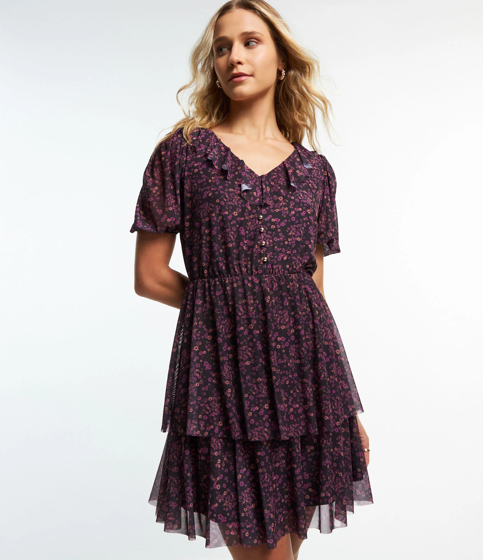 Vestido em Tule com Babado na Saia e Estampa Floral Roxo 1