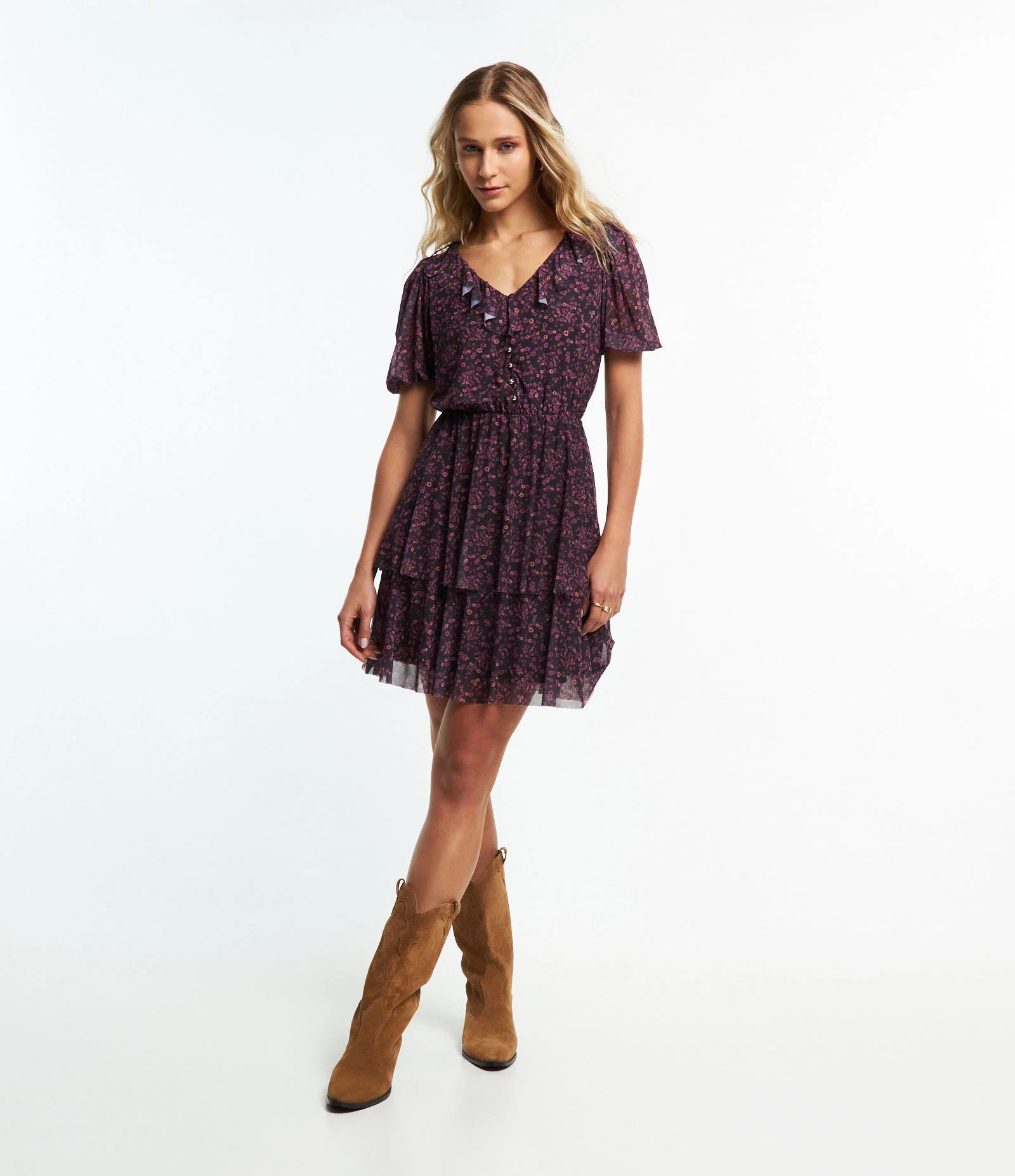 Vestido em Tule com Babado na Saia e Estampa Floral Roxo 2