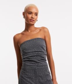 Blusa Cropped em Tomara que Caia com Brilhos Aplicados e Lastex nas Costas