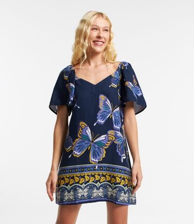 Vestido Curto em Viscose com Linho e Estampa Borboleta Azul Menor preço em Vestido Curto em Viscose com Linho e Estampa Borboleta Azul