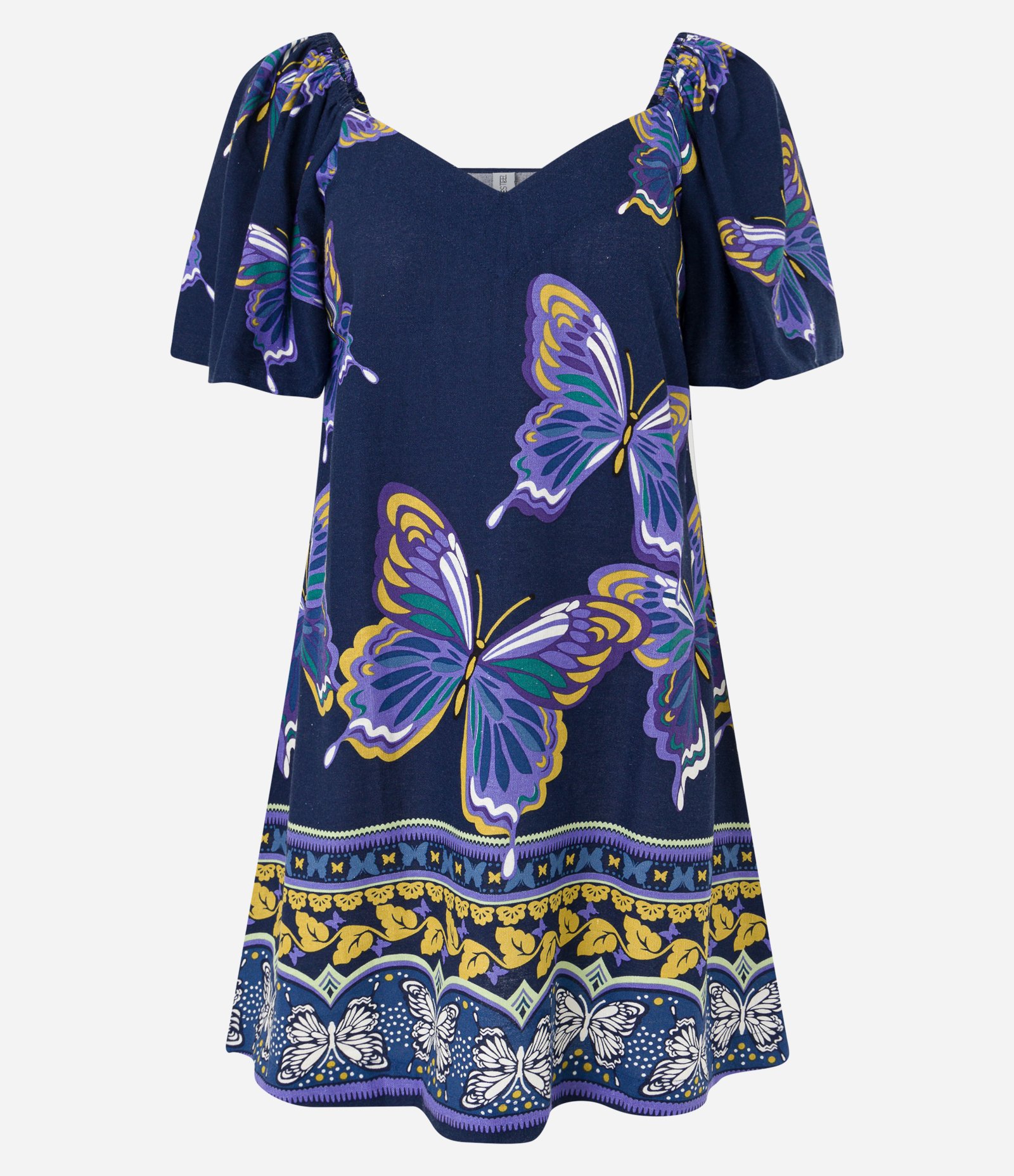 Vestido Curto em Viscose com Linho e Estampa Borboleta Azul Azul Marinho 5